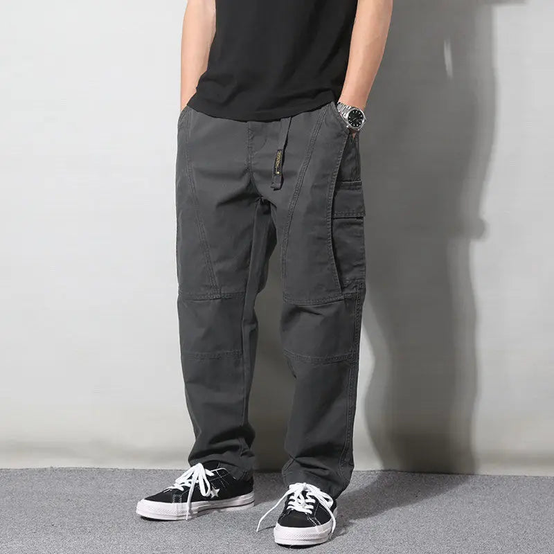 Threebooy  Spring Autumn Fashion Elastic Waist Drawstring Men's Clothing Loose Solid Trend Korean Pockets Straight Simplicity Cargo Pants