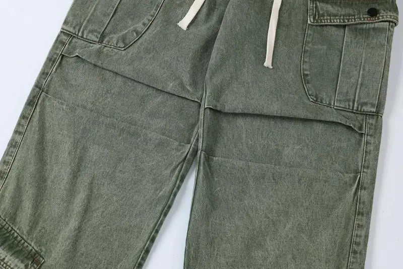 Threebooy Hip hop retro high street men and women trendy personalized washed workwear jeans for couples loose straight leg casual pants