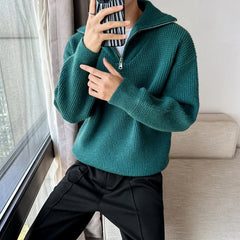 Threebooy Korean Thick Warm Knitted Men's Clothing Casual Knit Pullover Man to Man Sweaters For Men Loose Zipper Long Sleeve Sweater Male