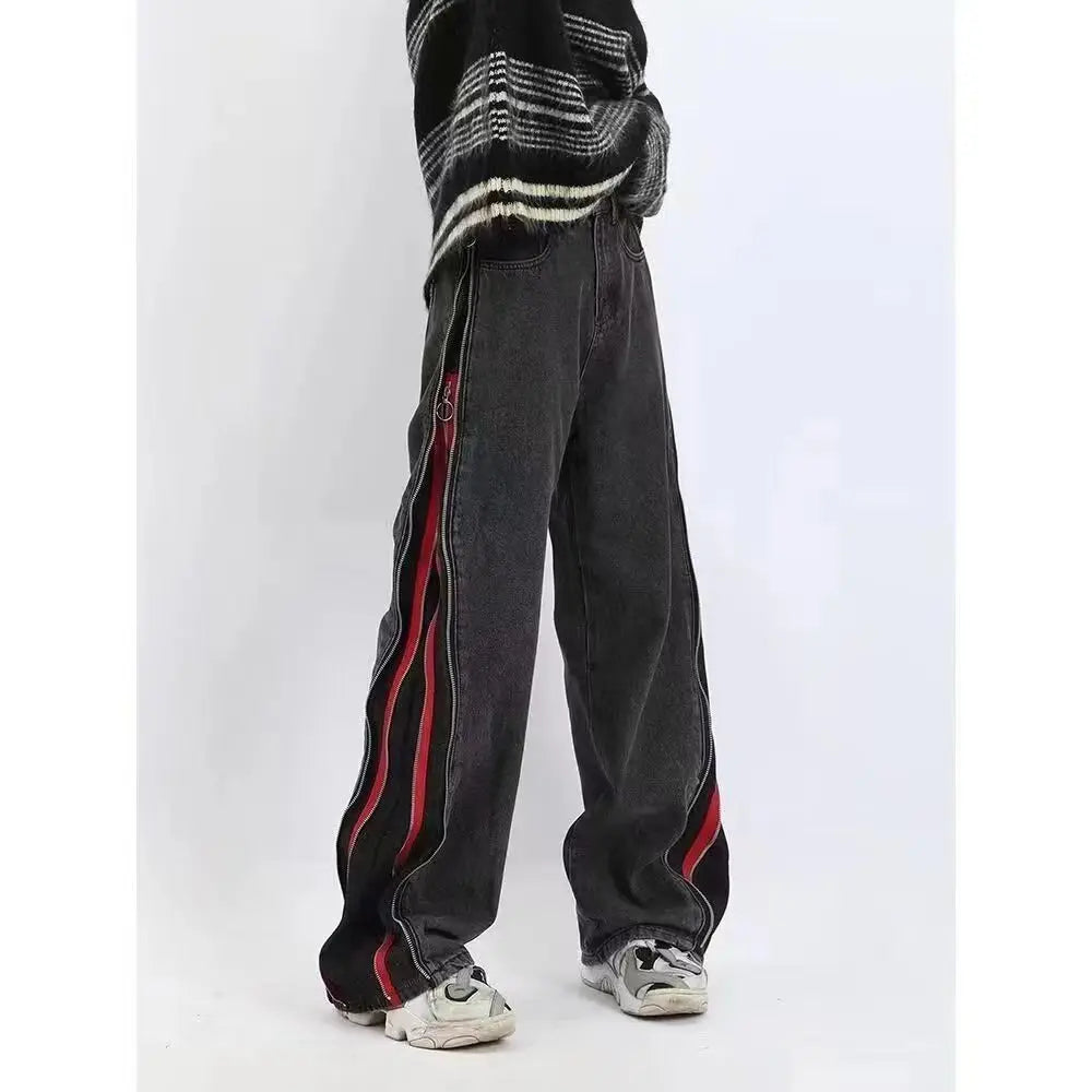 Threebooy  Summer American Street Trendy Hip Hop Black and Red Double Zipper Washed Jeans for Men and Women Loose Wide Leg Casual Pants y2k