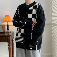 Threebooy Vintage Plaid Knitted Sweater Men Checked Cardigan Male Y2K Sweaters Men's Winter Harajuku Japanese Streetwear Hip Hop