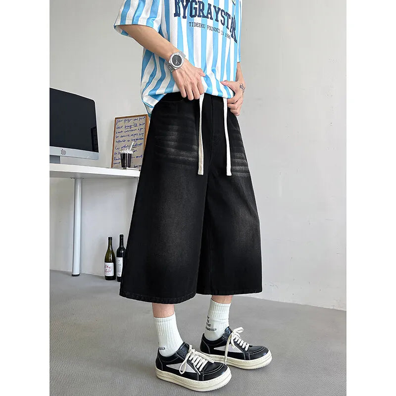 Threebooy  Loose Fit Cropped Jeans Elastic Drawstring Waist Stretch Denim Casual Wear Comfort Men Baggy Denin pants man  Fashion Trendy