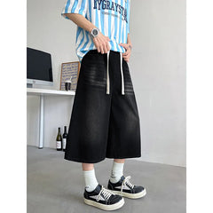 Threebooy  Loose Fit Cropped Jeans Elastic Drawstring Waist Stretch Denim Casual Wear Comfort Men Baggy Denin pants man  Fashion Trendy