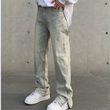 Threebooy Jeans Men's Y2K Vintage Straight Leg Pants Solid Color Button Pocket Split Zipper Loose Trousers Spring Summer Male Clothing 035