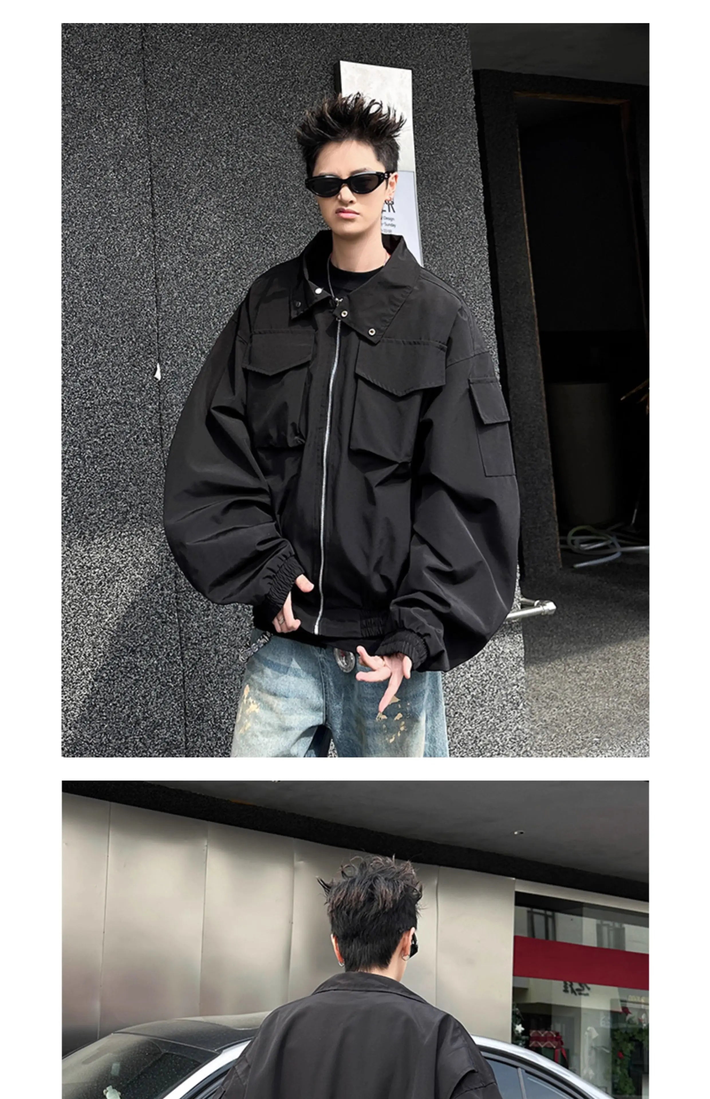 Threebooy Outdoor Work Jacket Men's Spring Autumn American Retro Zipper Coat Silhouette Bomber Handsome High Street Flying Work Jacket