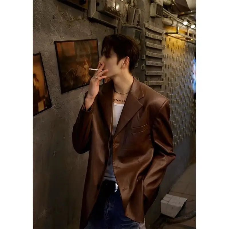 Threebooy American Leather Jacket Retro Outfit Handsome High-end Men's Niche Shoulder Pad Suit Black PU Leather Jacket Chic Streetwear
