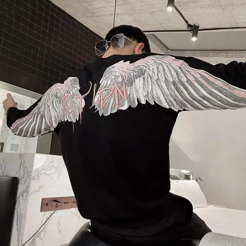 Threebooy Harajuku New Oversized Wing Pattern Round Neck Sweatshirt Men Clothing Casual Hip Hop Sports Long Sleeve Pullover Streetwear