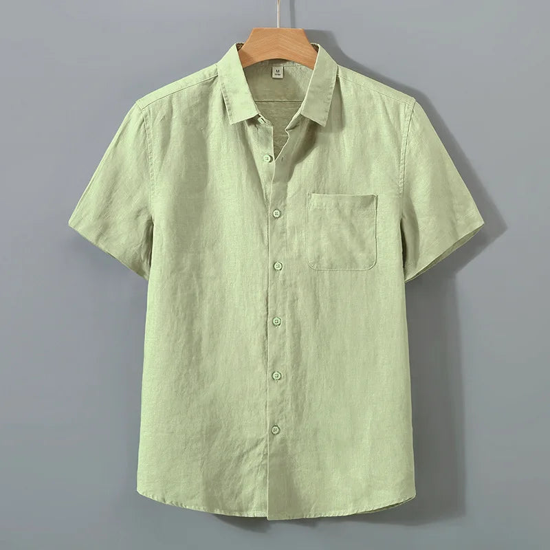 Threebooy Men's Summer Pure Linen Short Sleeved Shirt Chinese Style Casual Breathable Elegant Men Blouse