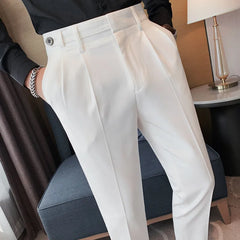 Threebooy  Men High Waist Casual Dress Pant Men Belt Design Slim Trousers Formal Office Social Wedding Party Dress Suit Pants 29-36