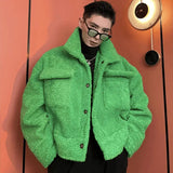 Threebooy Green Padded Winter Men's Jacket Fleece Lamb Wool Thickened Short Coat Male Y2K Top Plush Warm Korean Streetwear Hip Hop