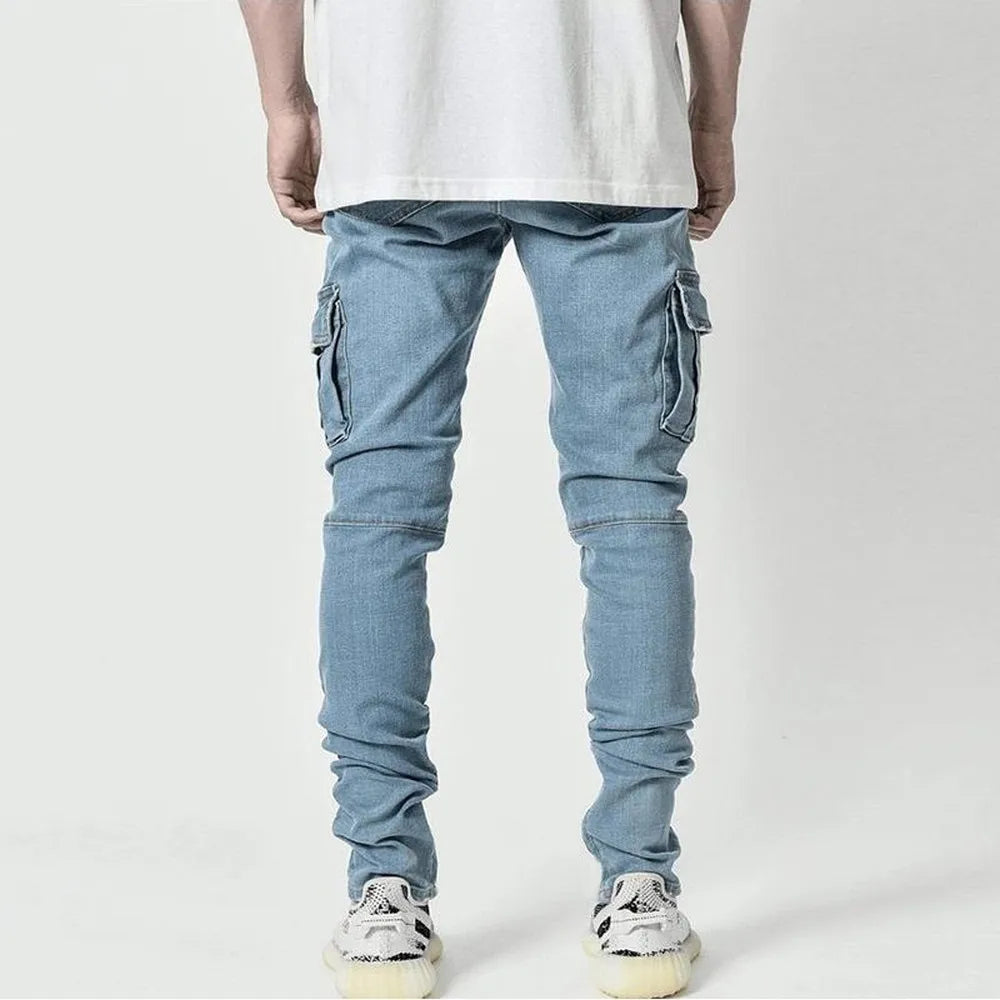 Threebooy Street Elastic Jeans Men Denim Cargo Pants Wash Solid Color Multi Pockets Casual Mid Waist Trousers Slim Fit Daily Wear Joggers