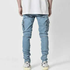 Threebooy Street Elastic Jeans Men Denim Cargo Pants Wash Solid Color Multi Pockets Casual Mid Waist Trousers Slim Fit Daily Wear Joggers