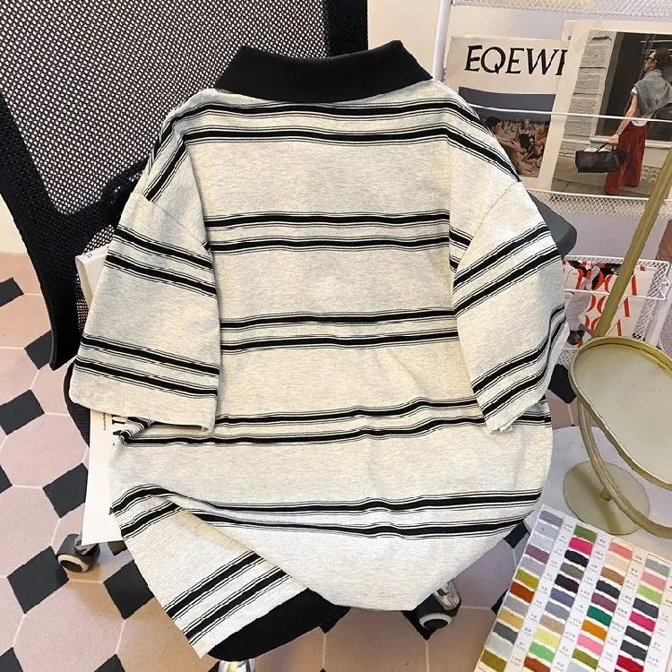 Threebooy High street hip-hop men and women trendy personalized striped polo short sleeved couple summer loose retro casual Harajuku top