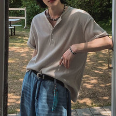 Threebooy  New Fashion Korean Style Men T-shirt Light Luxury Henry Collar Tops Casual Loose High Quality Solid Color Half Sleeve Tees M-2XL