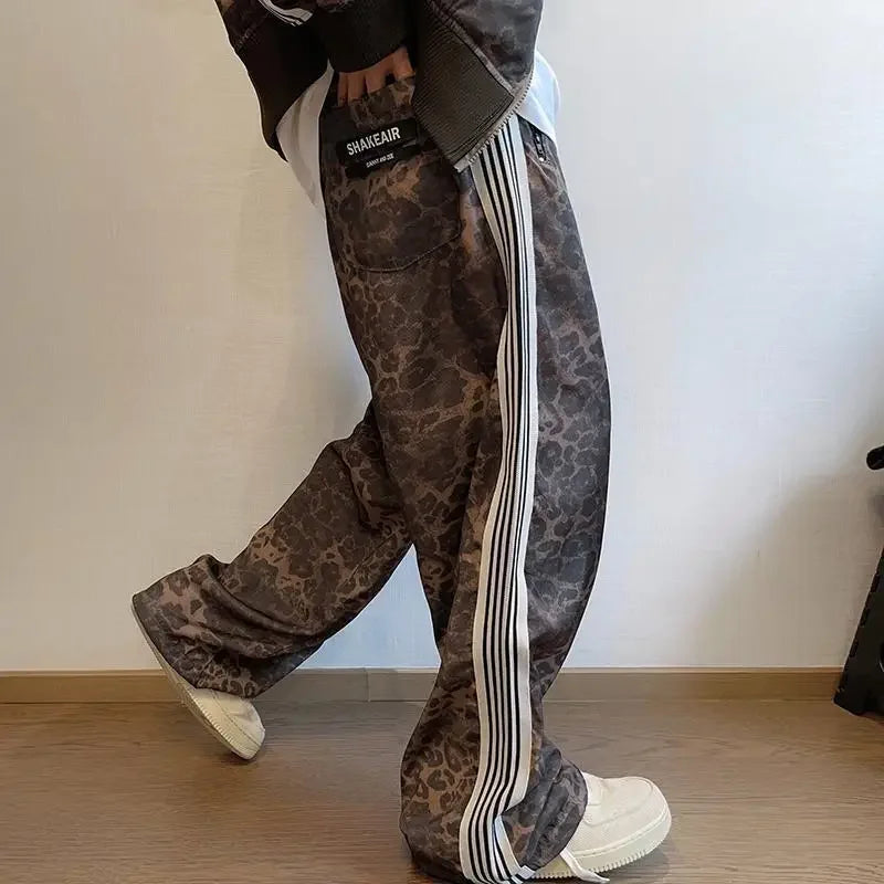 Threebooy 90s American Vintage Leopard Stitching Striped Slacks Y2K Mens Street Hip-Hop Harajuku Sweatpants Mopping Pants Streetwear