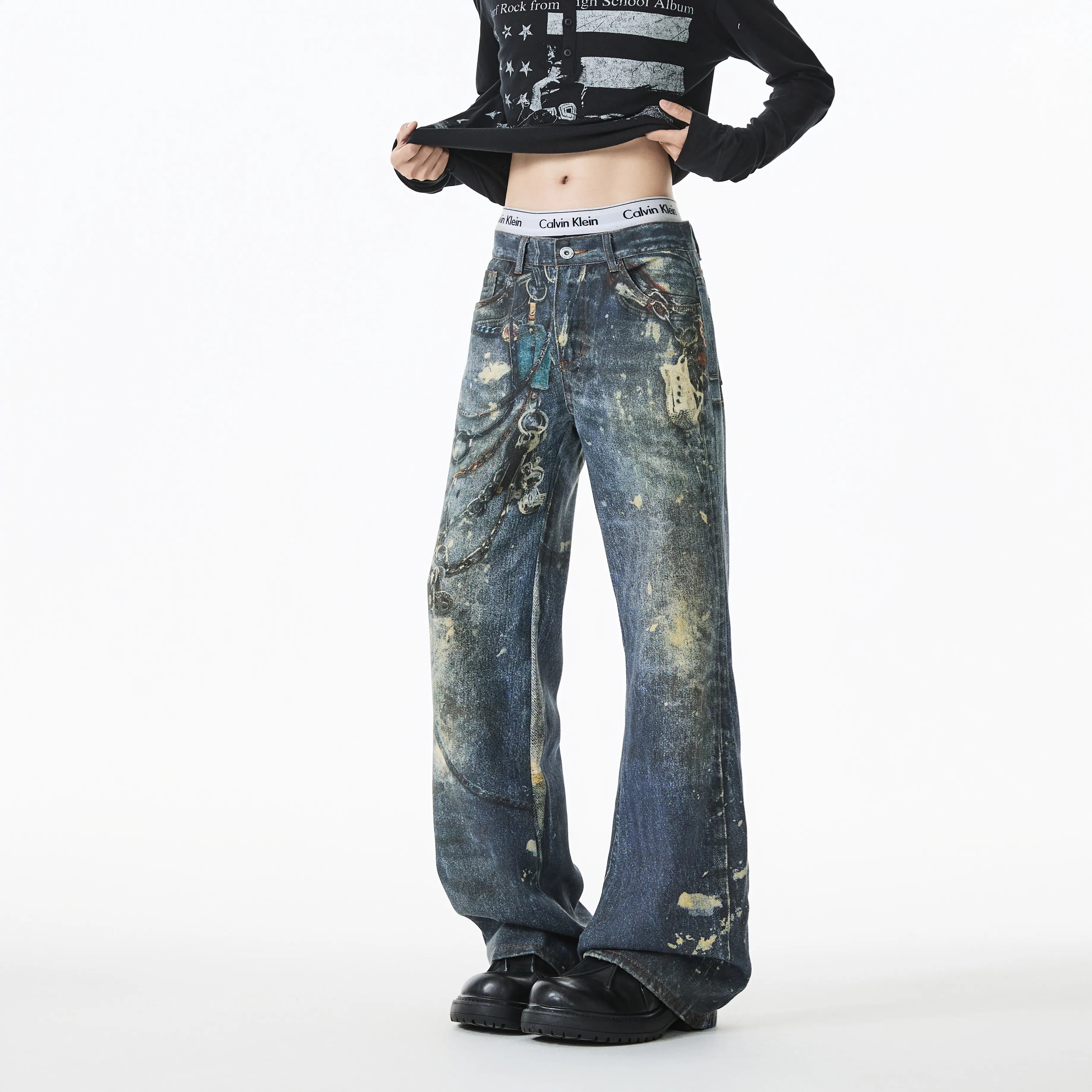 Threebooy Jean Men Unique Design Graffiti Street Style Drag Jeans Urban Trendy Fashion Distressed Long Fit Casual Denim Pants Edgy Hip Hop