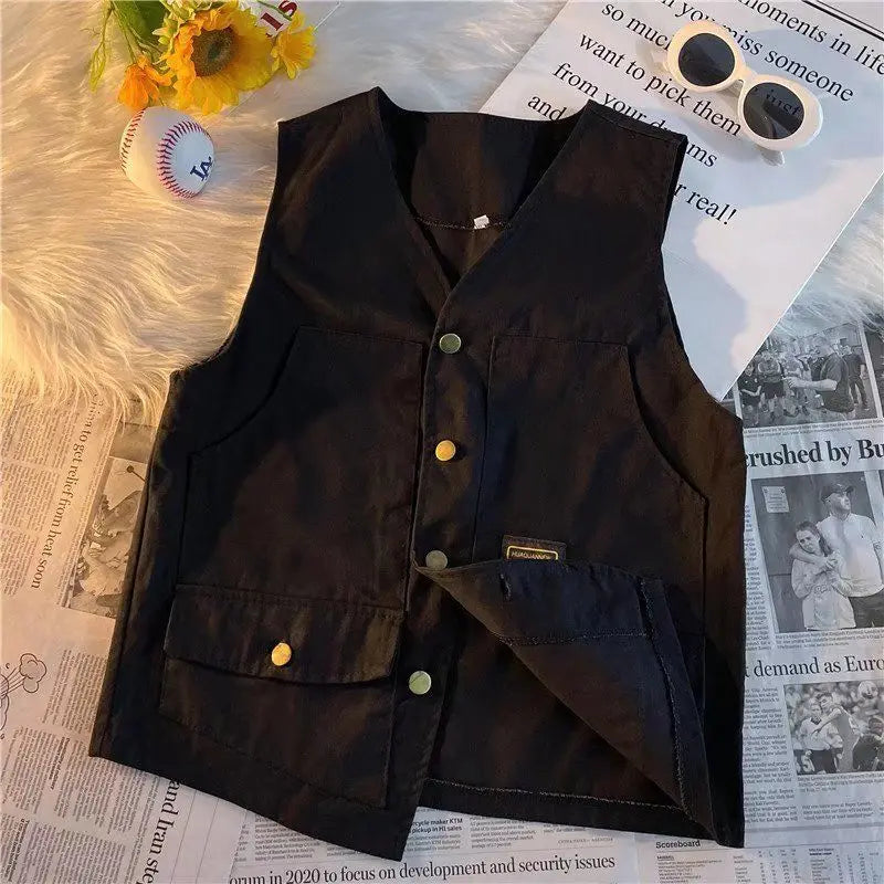Threebooy  Japanese Retro Multi-pocket Workwear Vest Men Women in Summer Hong Kong Style Loose Versatile Waistcoat Sleeveless Vest Cityboy