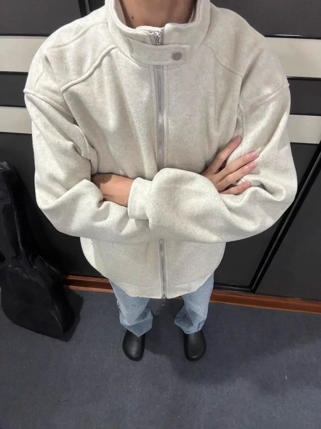 Threebooy Simple Solid Color Sweatshirt Stand Up Collar Woolen Jacket for Boys Girls Spring Autumn Loose Versatile Hoodie Hip Hop Coat