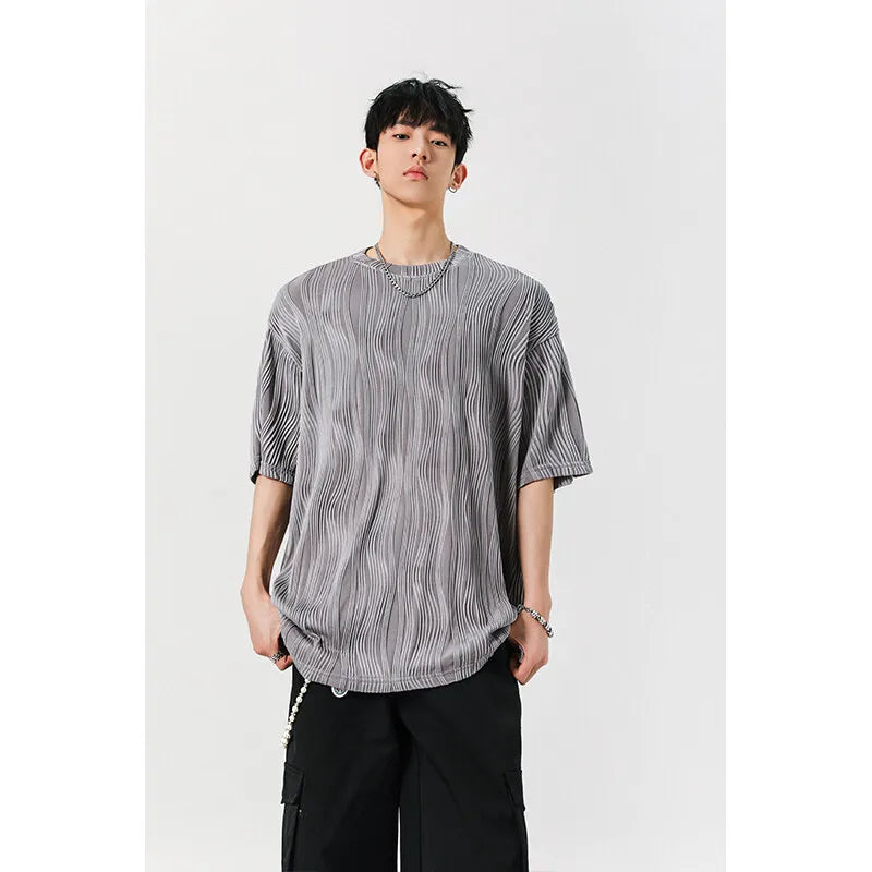 Threebooy Round Neck Ice Silk Pleated T-Shirt Men's Quick Drying Breathable Casual T Shirt Leisure Sport T-shirt Men Plus Size 8XL-M