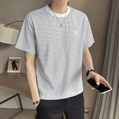 Threebooy Summer Men's Stripe Printing Short Sleeve T-shirt Youth Round Neck Tshirt White/black/Apricot Color Casual T Shirts M-2XL