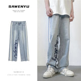 Threebooy Embroidered Letter Jeans Casual All-match Washed Blue Trendy Streetwear Straight Wide Leg Trousers Four Seasons Stitching Pants