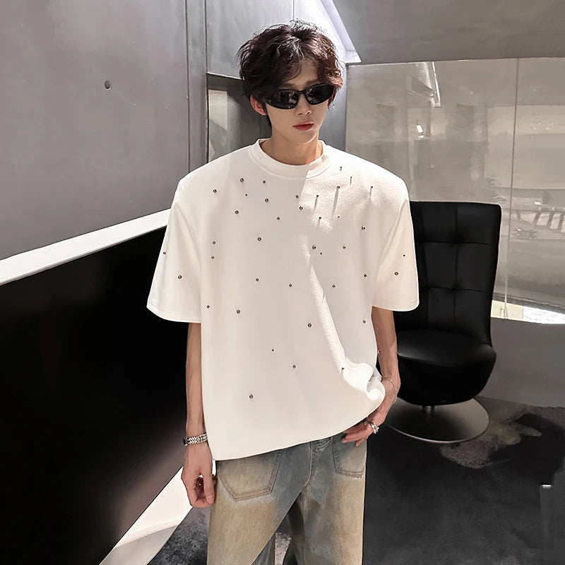 Threebooy  Metal Pearl Embellished Men Round Neck Cotton Tshirt man Breathable Comfort Casual Trendy Tee Top Fashion Loose Fit Plain