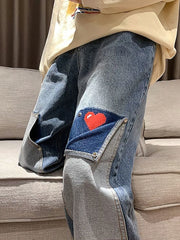 Threebooy Harajuku Wide Leg Baggy Jeans Pants Men Love Heart Oversize Straight Denim Buttton Cargo Long Trousers Streetwear Student New