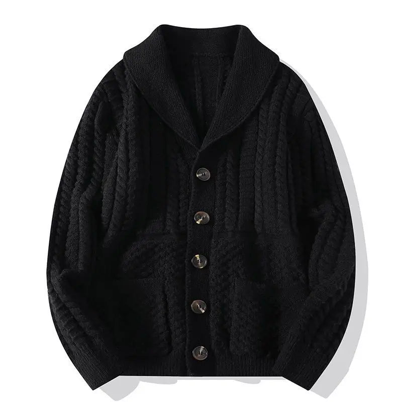 Threebooy Korean Version Retro Hand-woven Twisted Twisted Sweater Men's Spring Autumn Thickened Sweater Lapel Cardigan Trendy Jacket Chic