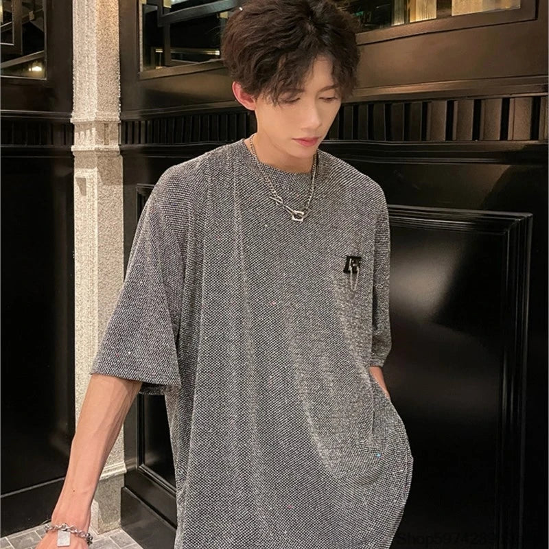 Threebooy New Summer Stylish Bright TShirt Men Tops Shiny Loose Short Sleeve T-shirt High Street Aesthetic Harajuku Women Tshirt