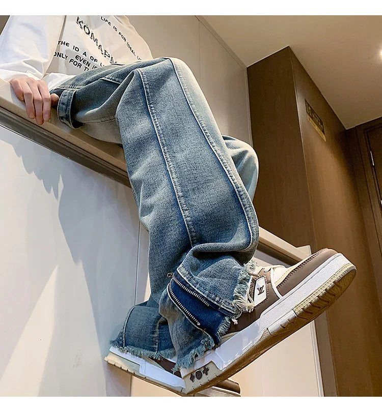 Threebooy Autumn jeans men New Fashion Side Zipper Casual Jean Pants Men High Street Loose Straight Pant Mens Vintage All-match Trousers
