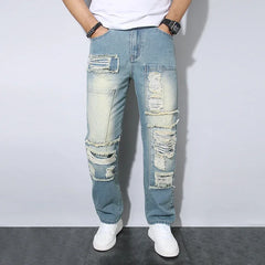 Threebooy Light Blue Slim Fit Men's Ripped Loose Jeans Elastic Hole Design Versatile Male High Street Beggar Denim Pants Retro Washed