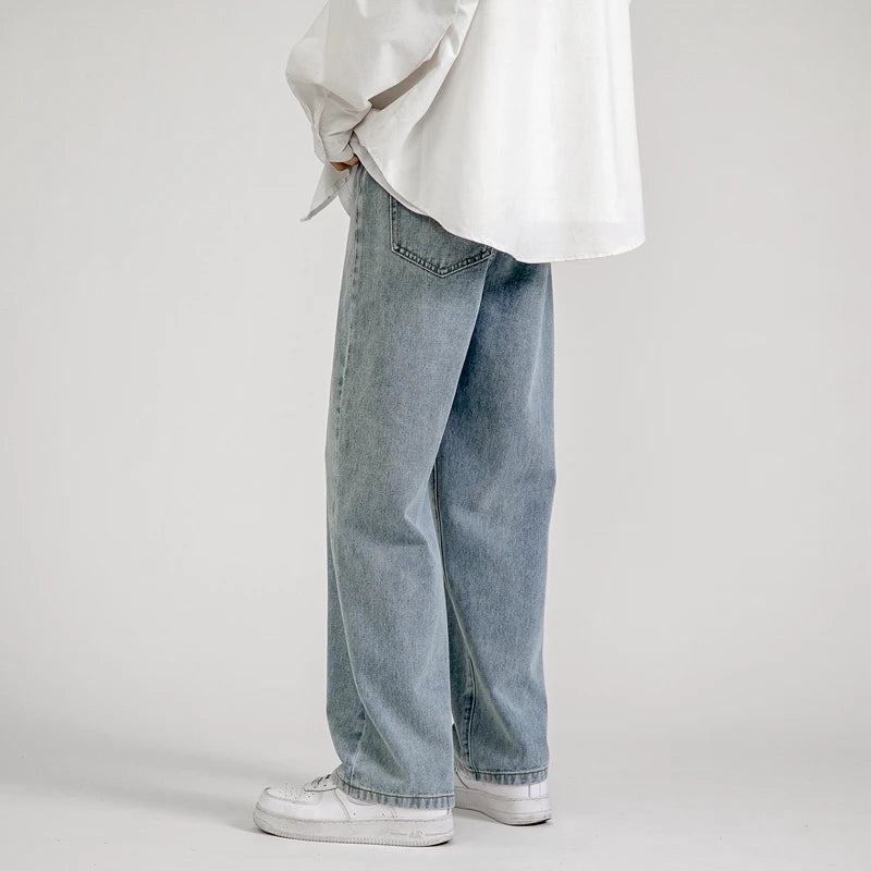 Threebooy  Korean Fashion Men's Baggy Jeans Classic All-match Solid Color Straight-leg Denim Wide-leg Pants Male Light Blue Grey Black