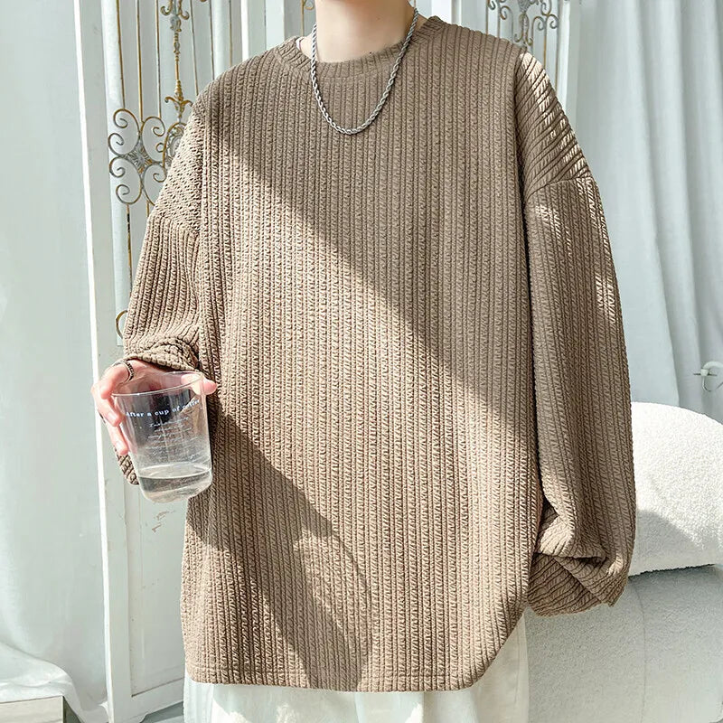 Threebooy  Spring Long Sleeved T-shirt Men White Casual T Shirt Men Streetwear Korean Loose Pleated T Shirt Mens Top Large Size M-5XL