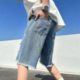 Threebooy Fashionable Holed Men's Denim Shorts Street Hip-hop Straight Leg Five-piece Shorts Versatile Light Color Shorts