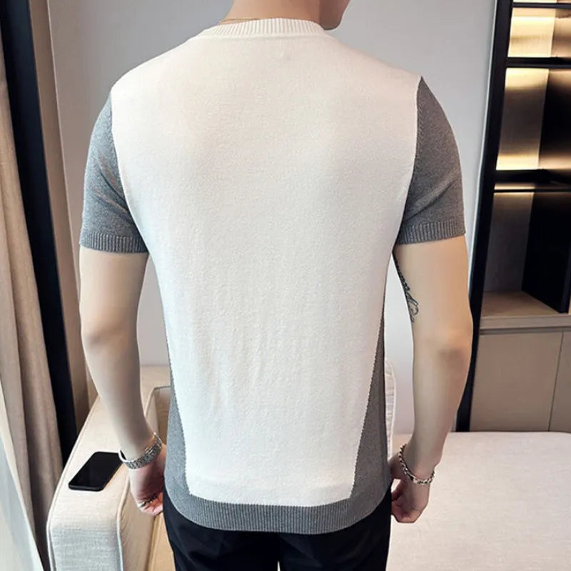 Threebooy Men's Summer Short Sleeves Casual Short Sleeve Knitted Sweater Men's Fashion Color Matching Slim Fit Knit Pullovers S-3XL