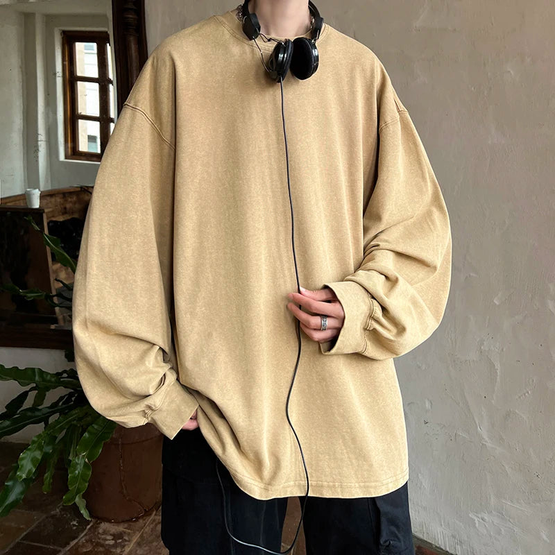 Threebooy Hip Hop Long Sleeve T Shirt Autumn Fashion Cotton Solid Color Streetwear Loose Oversized T-Shirts