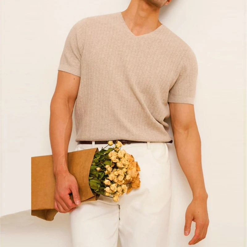 Threebooy  New Korean Fashion Men T-shirt Light Luxury Knitted Breathable V Neck Tees Casual Trendy Striped Slim Short Sleeve Basic Tops