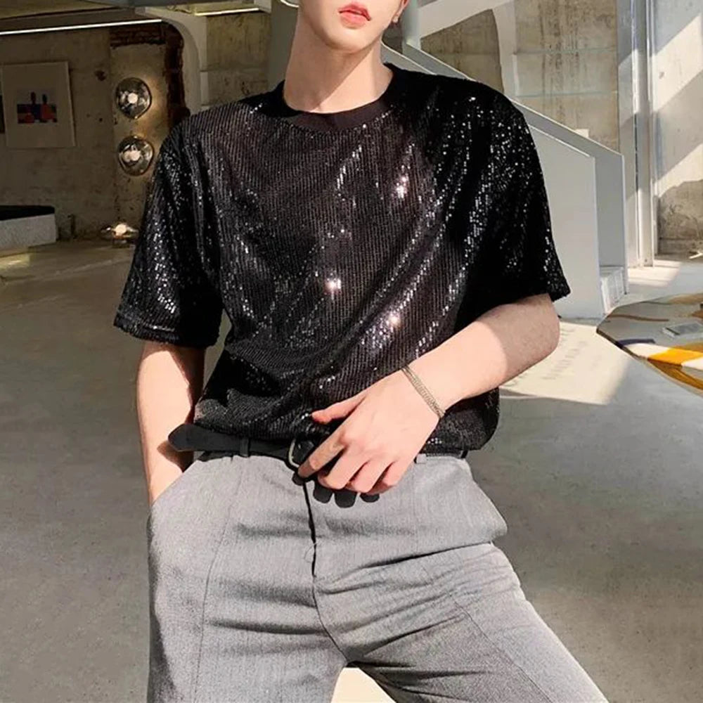 Threebooy Mens sequin casual t-shirt genderless 2024 new fashion nightclub personality versatile performance short-sleeved top unisex