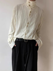 Threebooy  High-end Pleated Texture Shirt Men Draped Loose Casual Top French Retro Long-sleeved Shirt Unisex Vintage Elegant Button Blouse