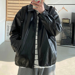 Threebooy Autumn Street Trendy PU Leather Jacket Casual Textured Locomotive Zipper Turn-down Collar Solid Color Long Sleeve Men's Coats
