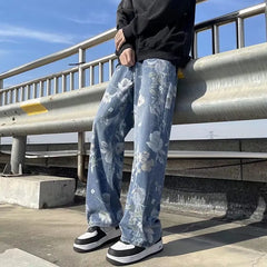 Threebooy Korean Style Mens Fashion Blue Printed Jeans 2024 Spring New Floral Denim Pants High Street Loose Straight Couples Trousers