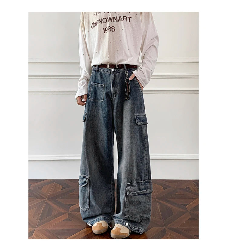 Threebooy Men Workwear Cargo Jeans New Multi Pocket Loose Straight Leg Baggy Streetwear Denim Pants Urban Casual Trousers 2025 Autumn