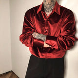 Threebooy Streetwear Fashion Men Satin Wine Red Shirt Spring Summer Lapel Long Sleeve Clothing Vintage Casual Loose Chic Versatile Tops