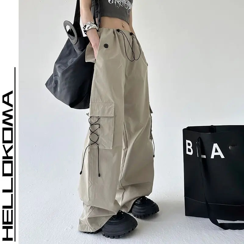 Threebooy  Workwear Pants Men's Japanese Retro Loose Wide-leg Straight Pants Design Sense Casual Drawstring Trousers Big Pockets