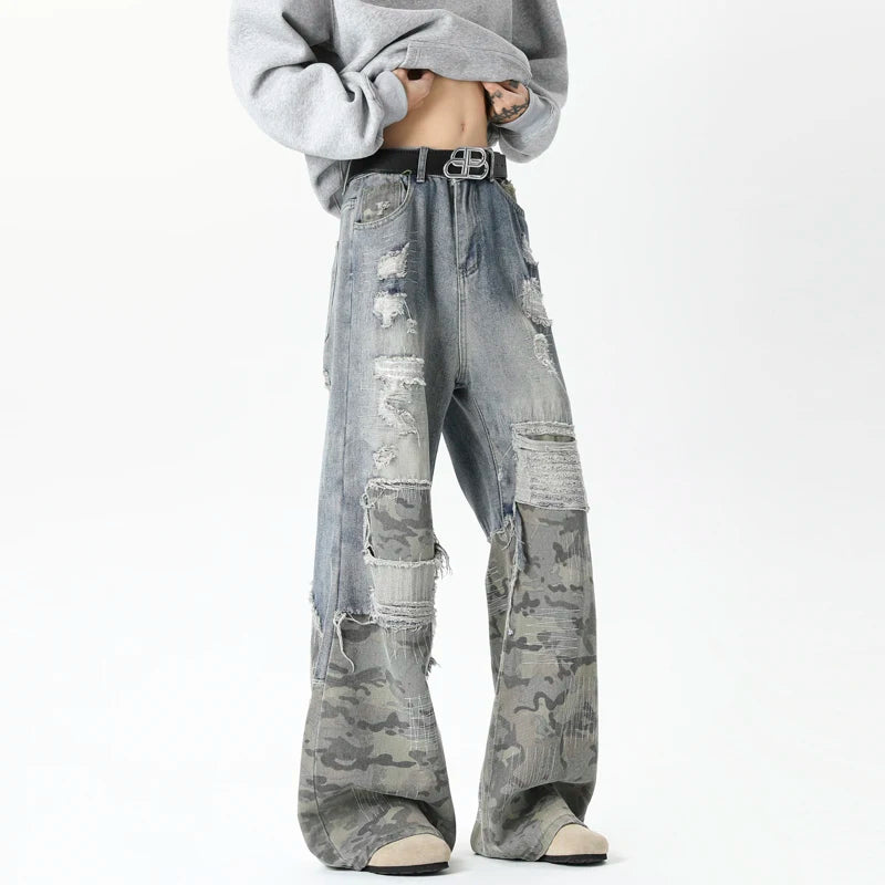 Threebooy Camouflage Wide jeans men Ripped Patchwork New Mainstream Hip Hop Skateboard Men Women Streetwear High Street Super Loose Jeans