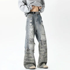 Threebooy Camouflage Wide jeans men Ripped Patchwork New Mainstream Hip Hop Skateboard Men Women Streetwear High Street Super Loose Jeans