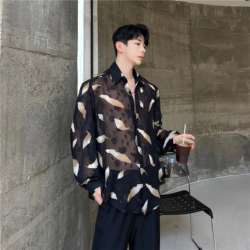 Threebooy Men Sexy Feather Hollowed Out Shirt Men's Lapel Long Sleeved Transparent Clothing Streetwear Casual Loose Trendy Design Tops