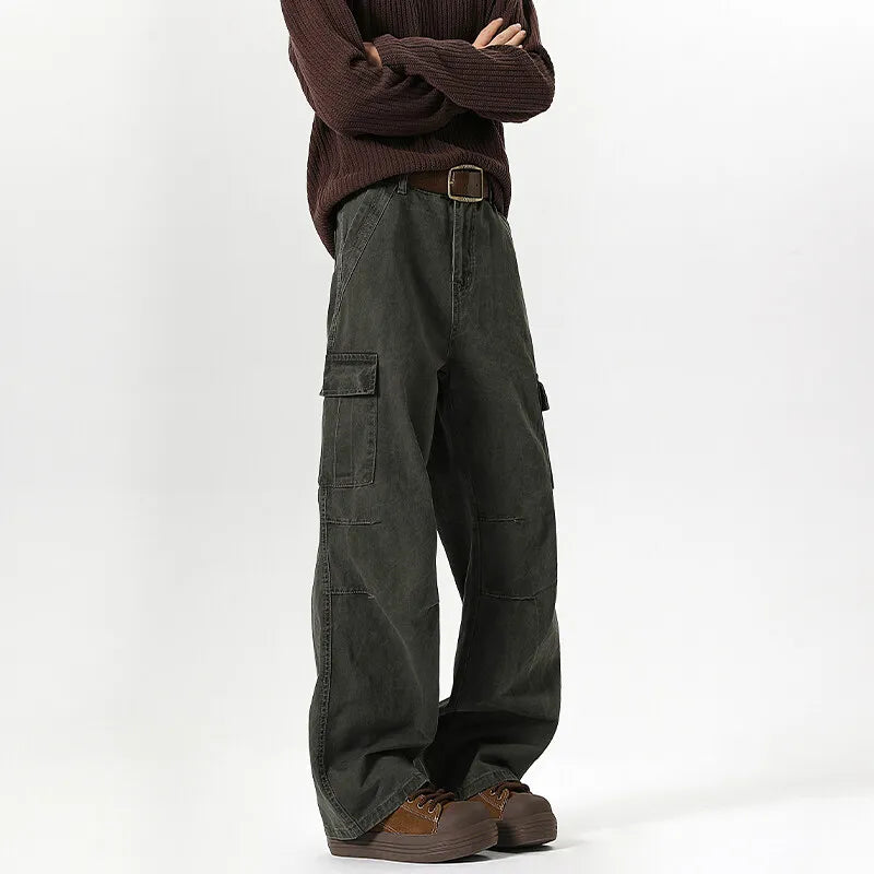 Threebooy  Mens Workwear Cargo Pants Straight Loose Fit Patchwork Design Denim Pants Casual Outdoor Streetwear Tactical Utility Clothing