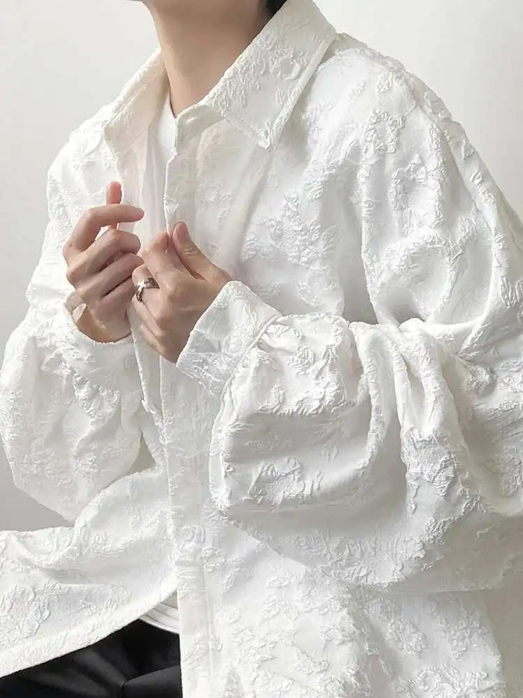 Threebooy  2XL White New Crumpled Jacquard Shirt Loose Fashion Solid Color Casual Turn-down Collar Top New All-match Bat Wing Sleeve P7W