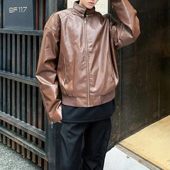 Threebooy  Spring Autumn New Men's Solid Color PU Leather Jacket Outerwear American Retro Fashion Trend High Street Casual Men's Tops